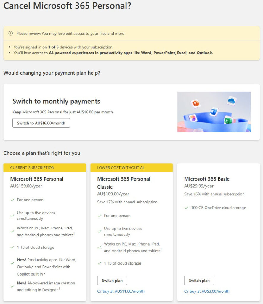 Cancellation step showing all available options