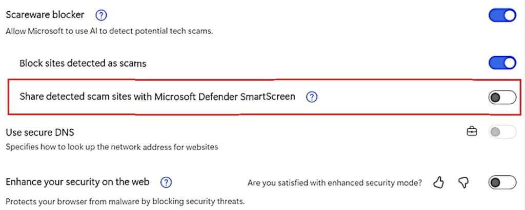 Edge scareware blocker SmartScreen setting (Microsoft)