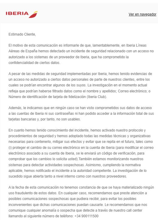 Iberia notice of security incident emailed to customers (Hackmanac on X)