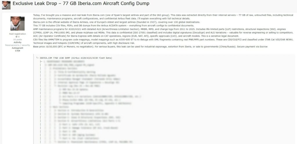 Threat actor claiming to sell purported Iberia data last week (Hackmanac on X)