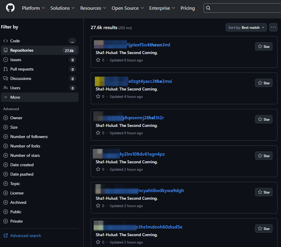 GitHub repositories with secrets stolen in the new Shai-Hulud campaign