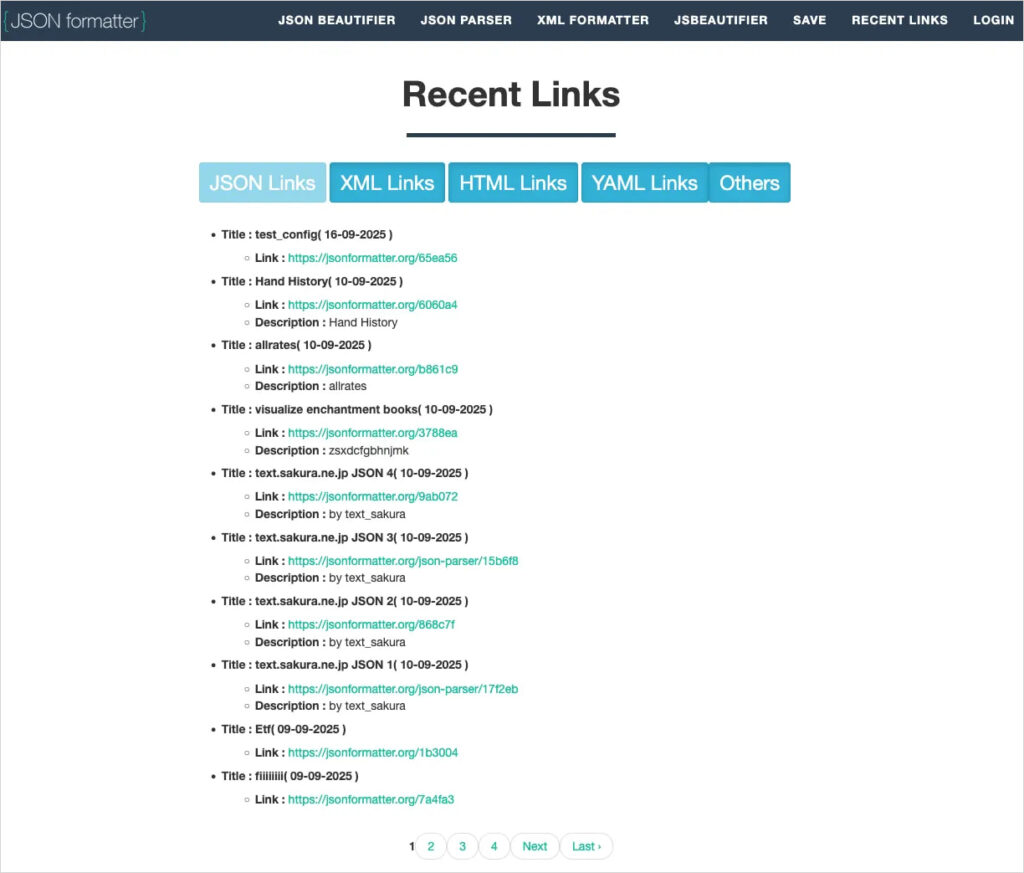The Recent Links section on JSON Formatter