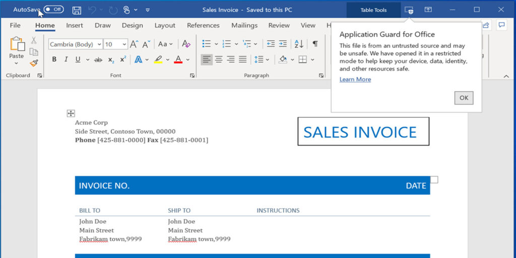 Application Guard for Office alert (Microsoft)