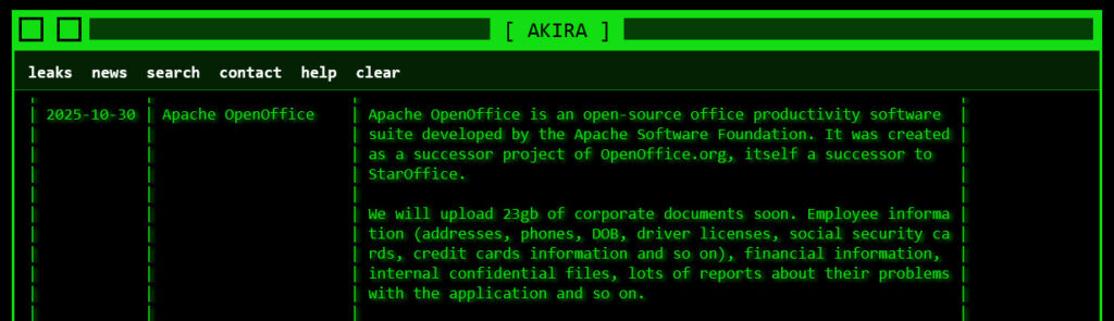 Apache OpenOffice entry on Akira's data leak site