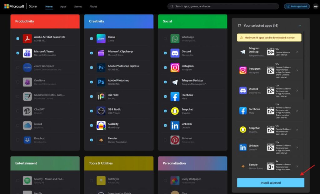 Multi-app install page