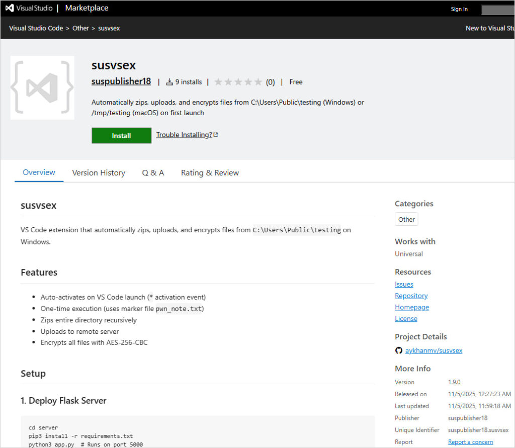 The ransomware extension on VS Code marketplace