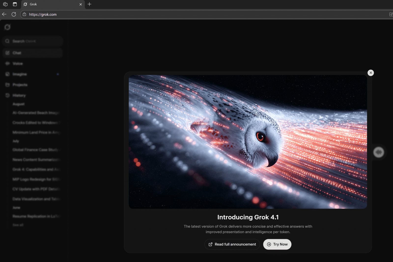 Grok 4.1 announcement pop-up