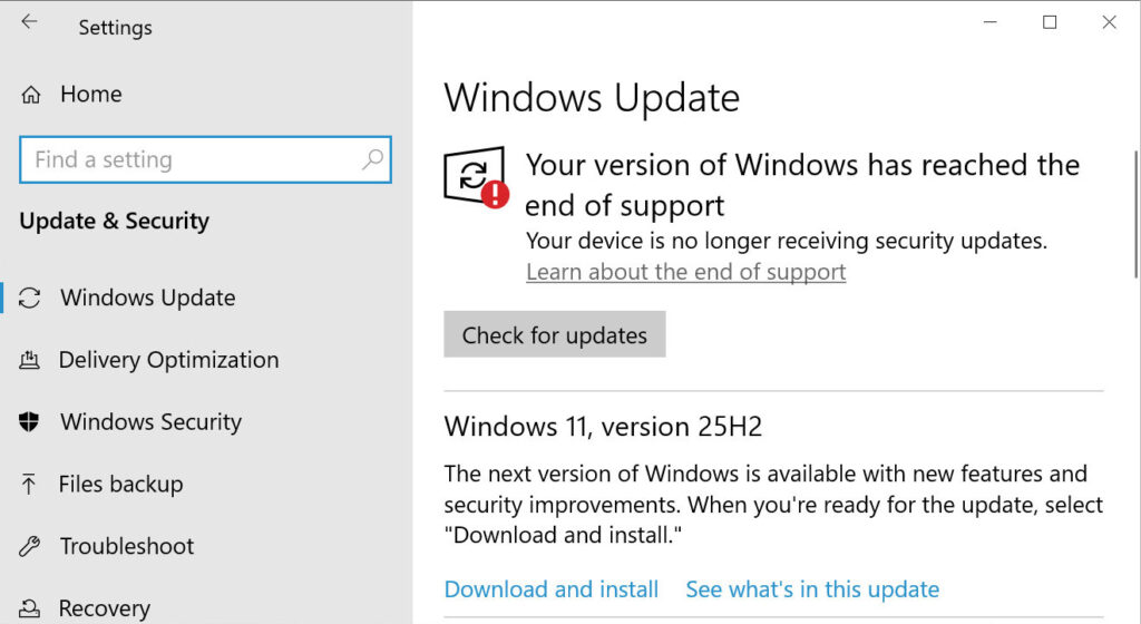Windows Update warning that Windows 10 has reached end of support