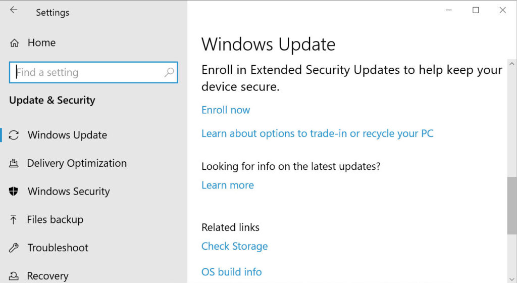 Windows Update not enrolled in Extended Security Updates