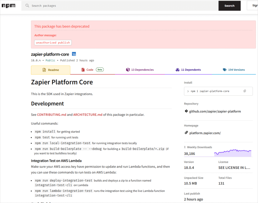 Warning message on npm