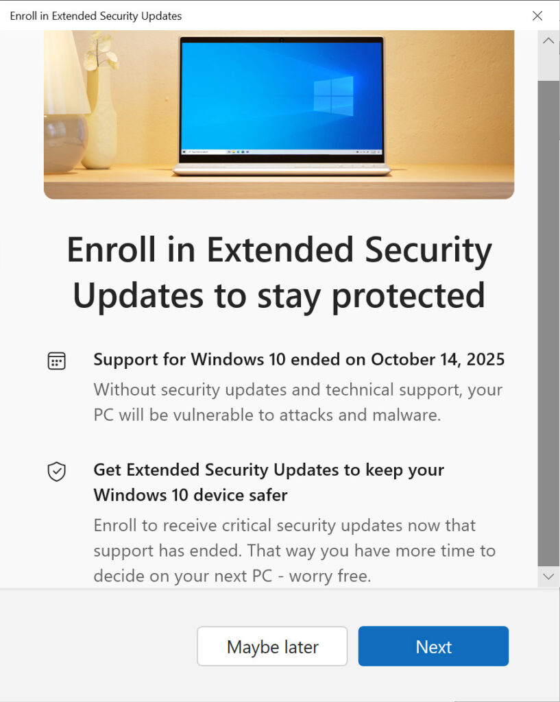 Enroll in Extended Security Updates wizard