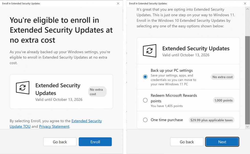 Different enrollment option screens depending on whether Windows settings are backed up