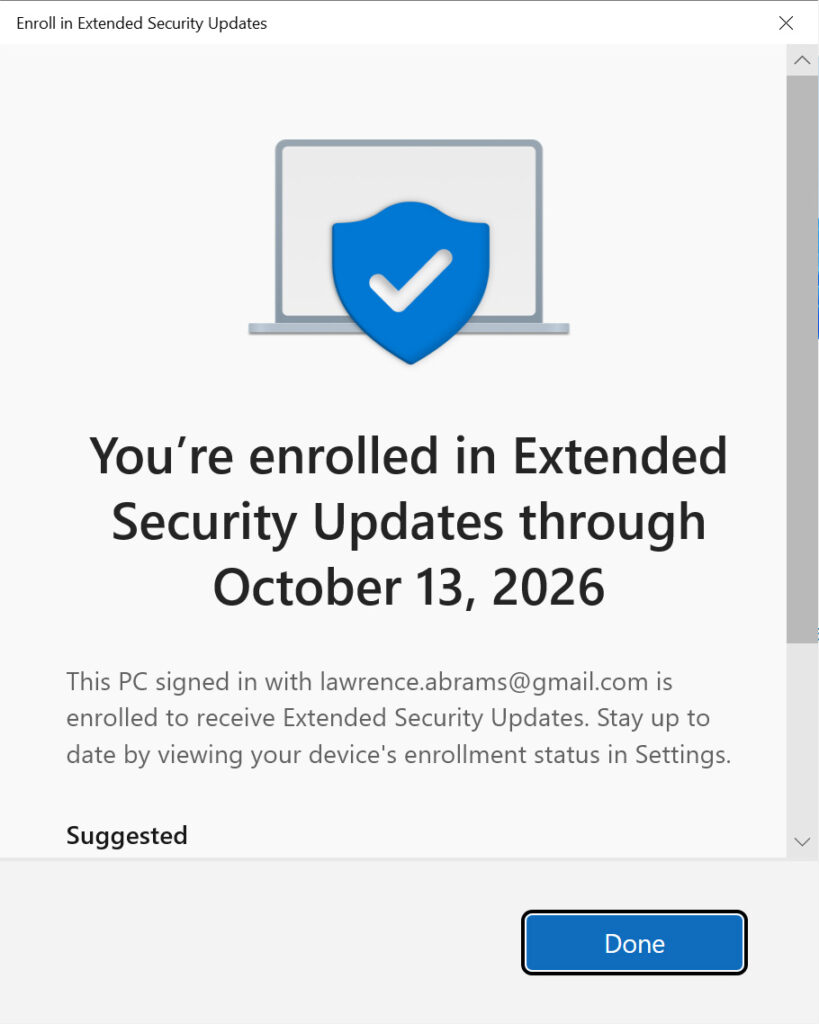 Successful enrollment in the Windows 10 ESU program