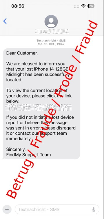 Phishing text stating a lost iPhone was found