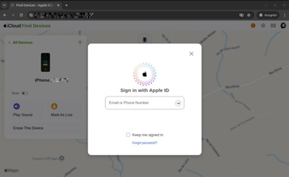 Phishing page impersonating Apple's Find My website