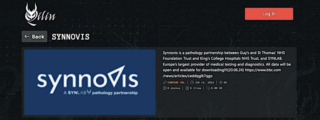 Synnovis entry on Qilin's leak site (Brett Callow)
