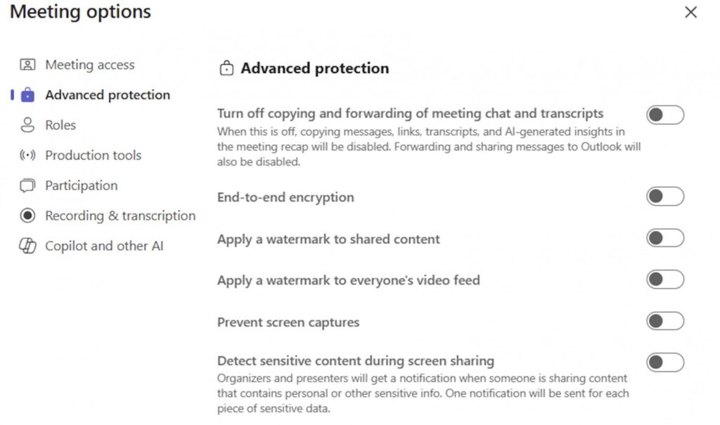 Teams screen capture prevention option (Microsoft)