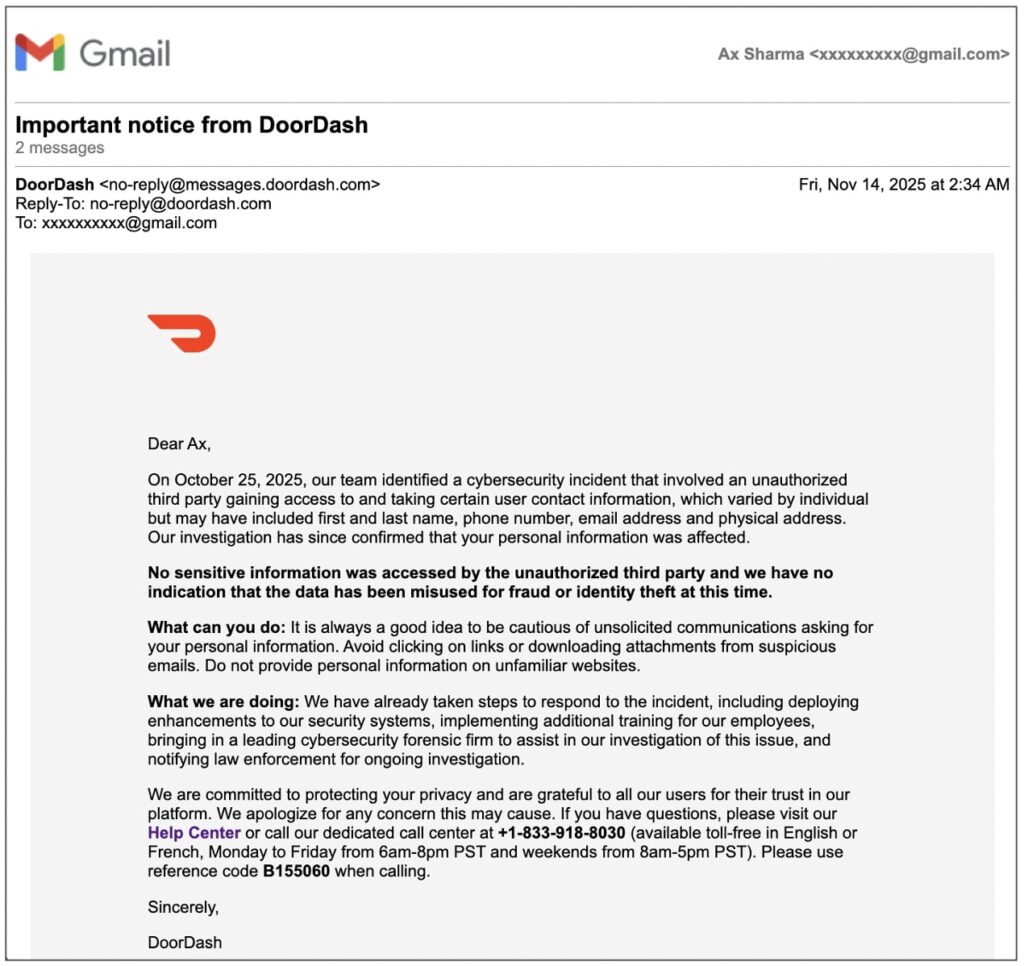 DoorDash email notifications disclosing security incident from October