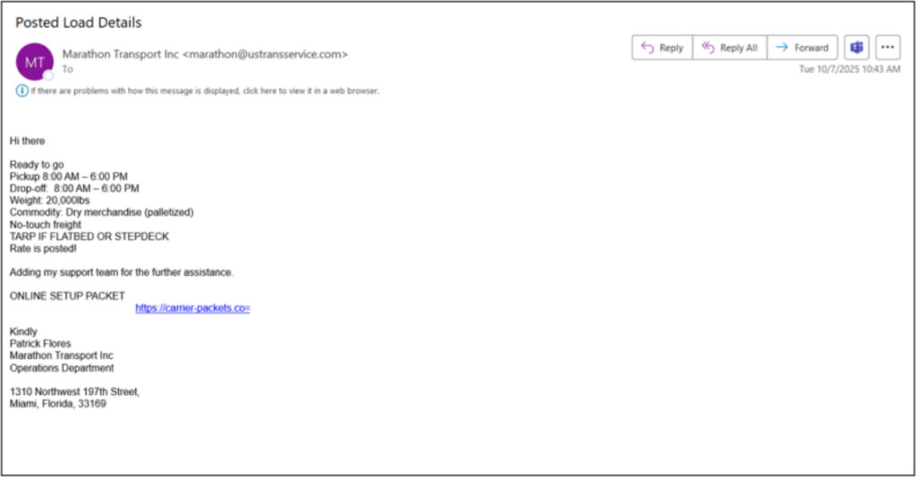 Email response sent to carriers hooked by the load-board lure