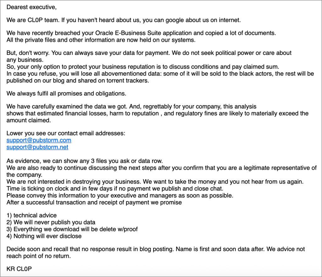 Clop extortion email sent to Oracle customers