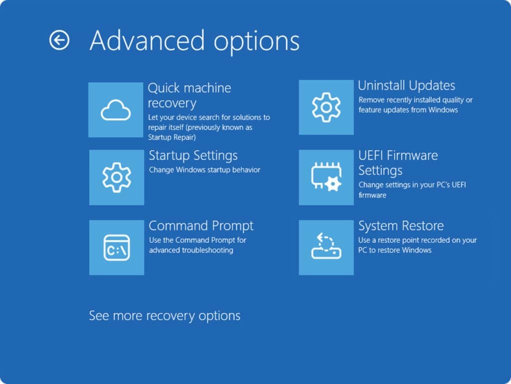 Windows 11 Quick Machine Recovery settings