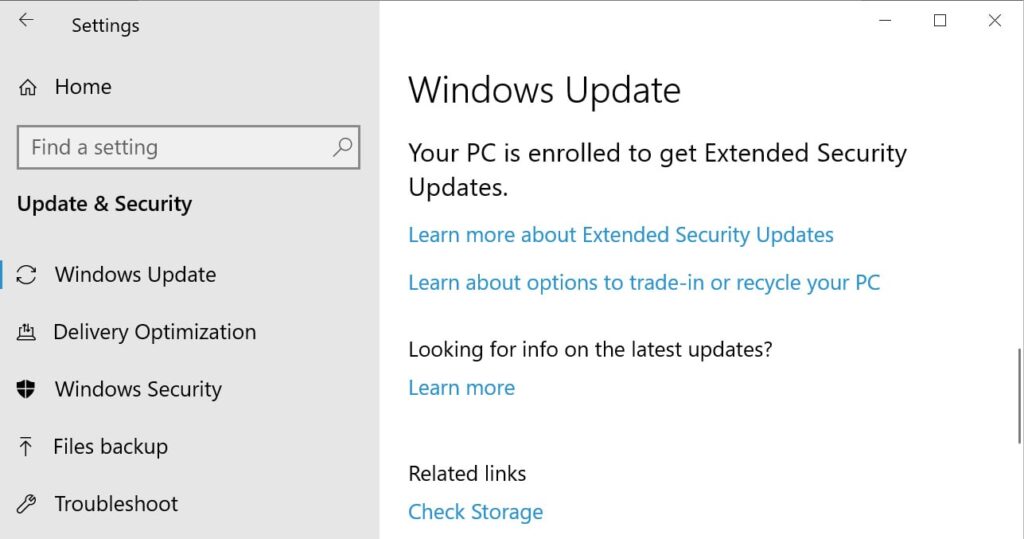 Windows 10 enrolled in Extended Security Updates