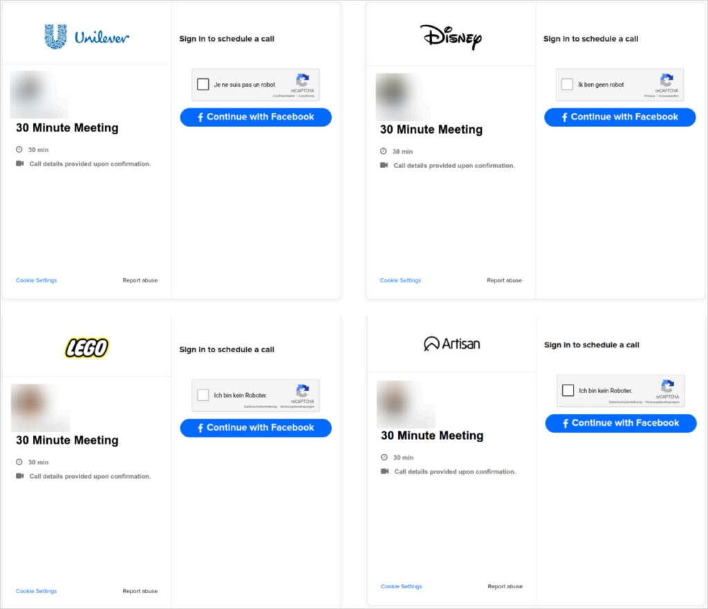 Pages targeting Facebook accounts