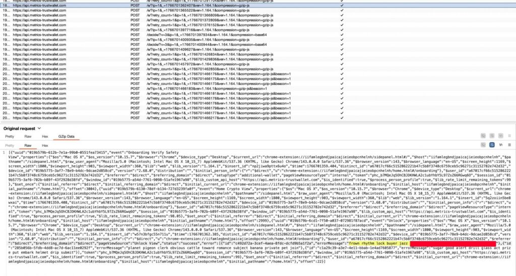 Network request inspection shows wallet seed phrase exfiltration
