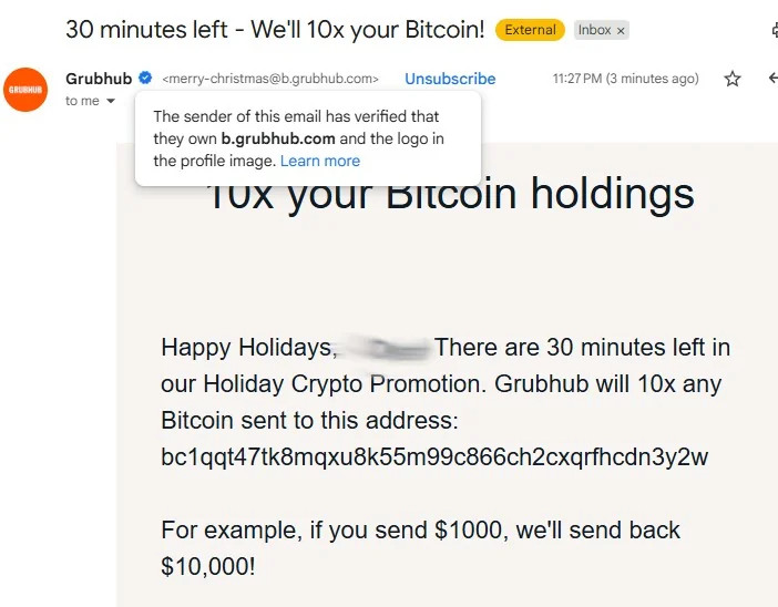 Crypto scam message from Grubhub