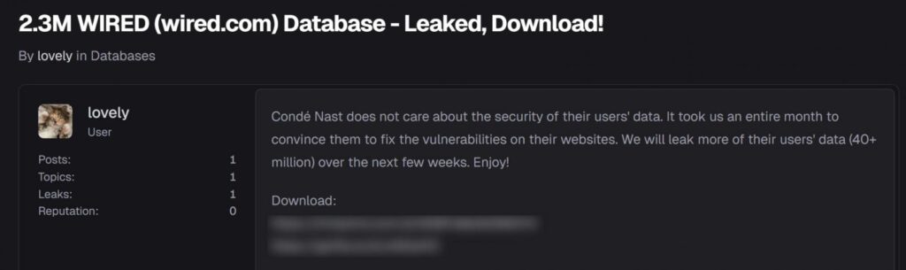 Forum post leaking WIRED data on a hacking forum
