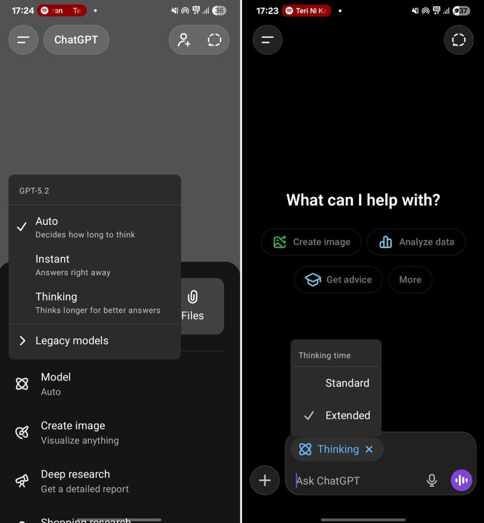 GPT Thinking now shows Standard and Extended on Android