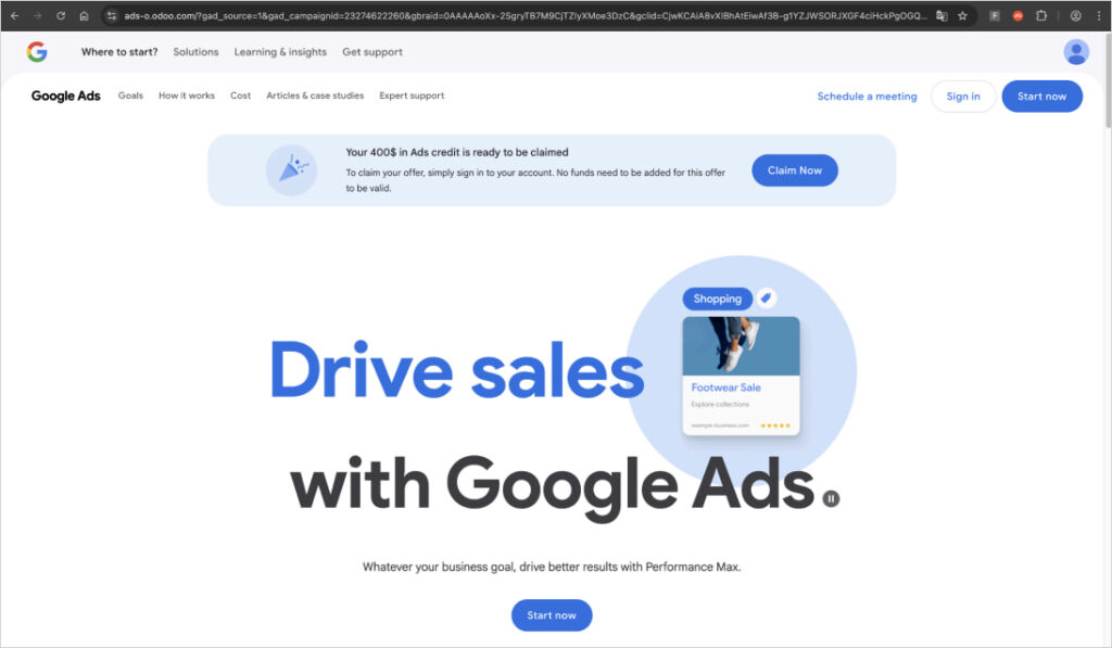 Fake Google Ads landing page