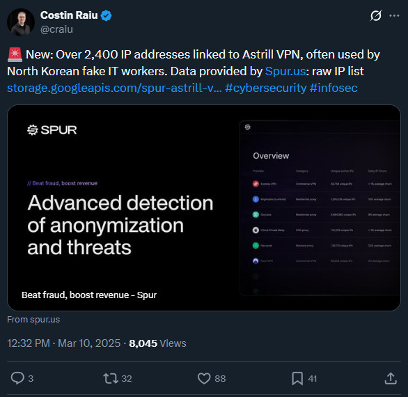 North Korean IT workers prefer Astrill VPN