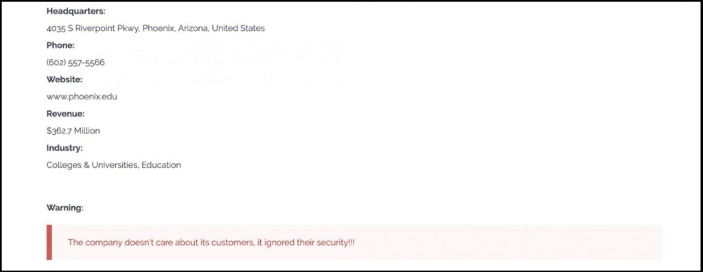 University of Phoenix entry on Clop's leak site