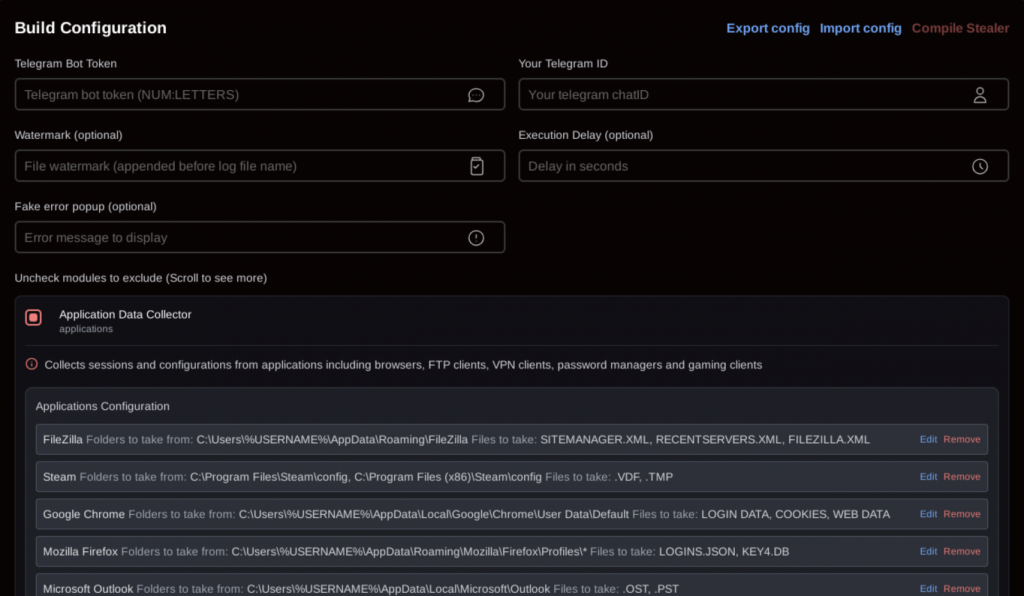 Builder configuration options on the panel