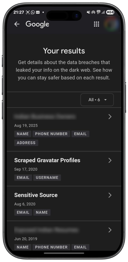 Example of Google Dark Web Report tool