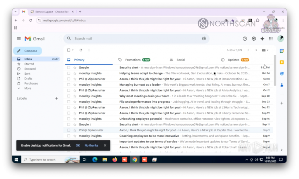 GMail inbox used by the North Korean fake IT recruiter