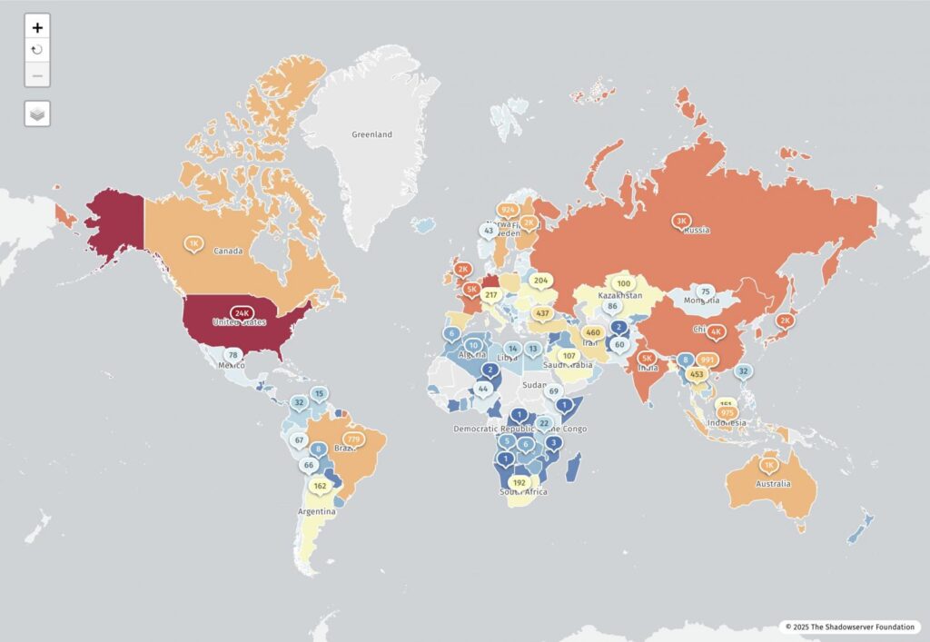 Geographic distribution of vulnerable IP addresses