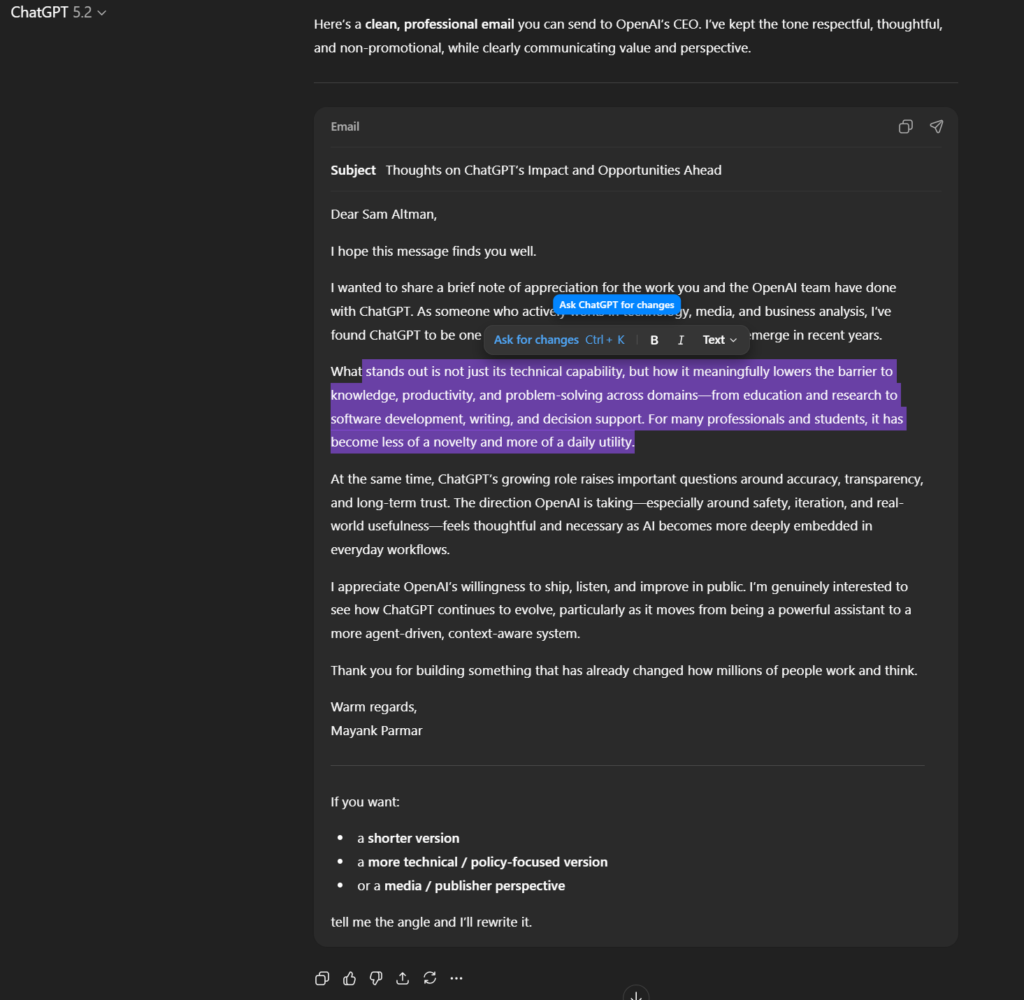 New formatting tool in ChatGPT