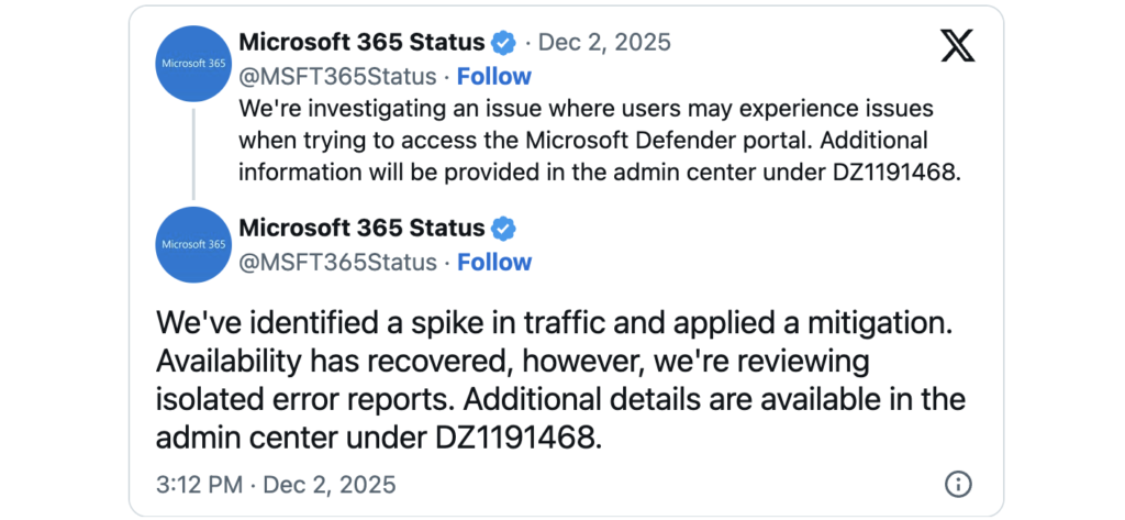 Defender XDR portal outage