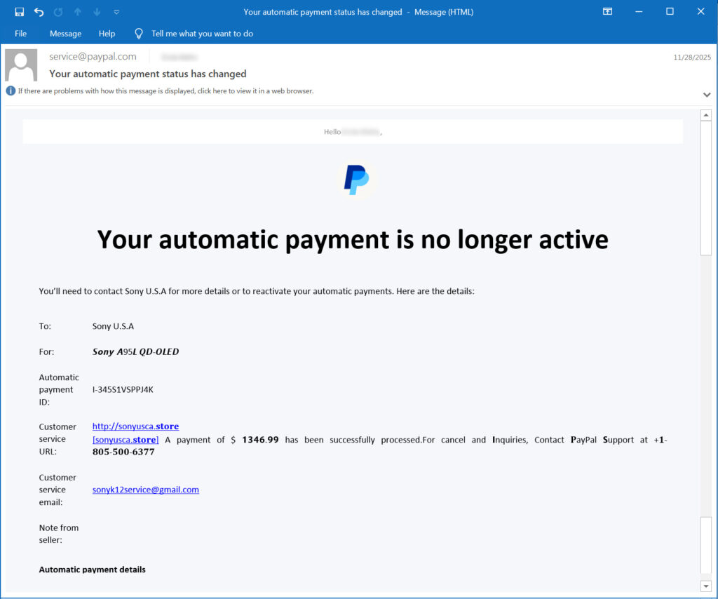 PayPal subscription email used in scam