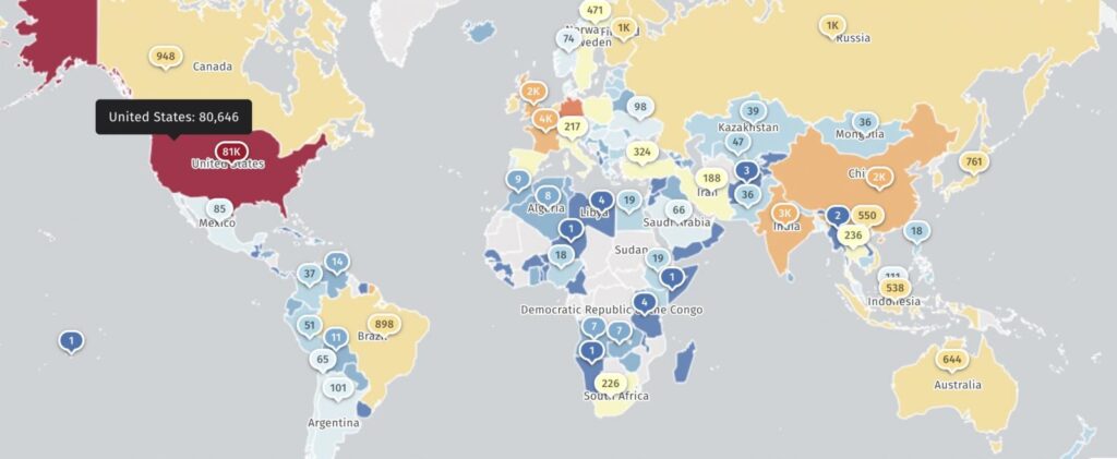 Devices vulnerable to React2Shell attacks (Shadowserver)