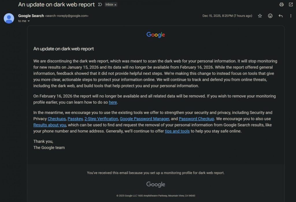 Google Dark Web Report tool sunset announcement