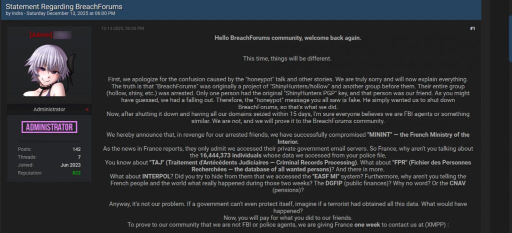 BreachForums admin claiming to be behind attack on France's Ministry of the Interior