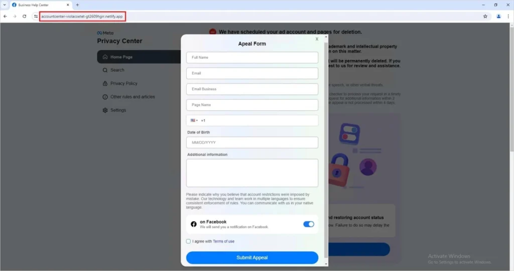 Fake appeal form hosted on legitimate cloud infrastructure