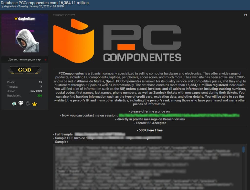 PcComponents data leak on hacker forums