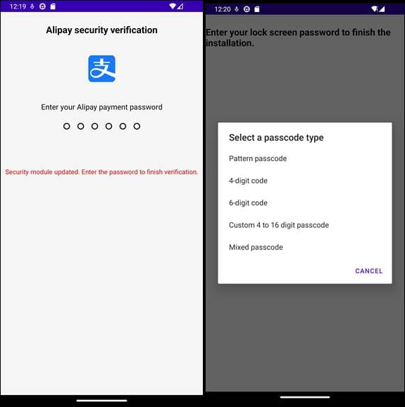 Phishing overlays for Alipay PIN (left) and unlock screen PIN (right)
